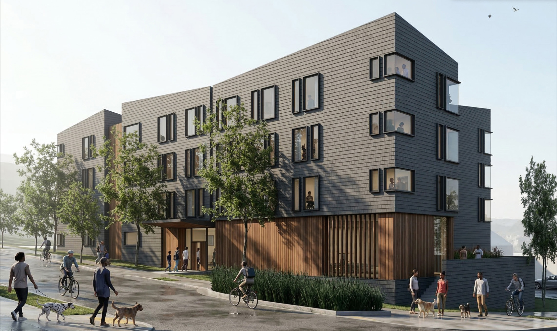 Rendering of the four-story Cathedral Park Cohousing building at the corner of N. Edison Street and N. Burlington Avenue, with neighbors walking dogs and biking past