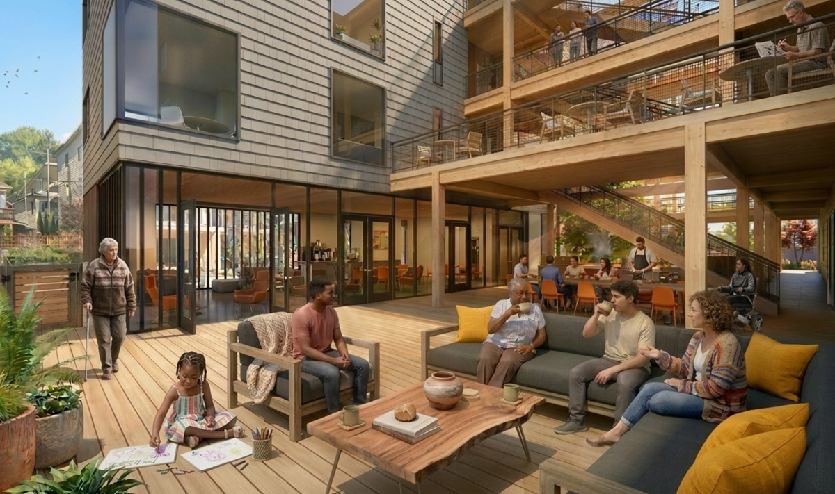 Rendering of the Cathedral Park community terrace, with neighbors of all ages sharing coffee on outdoor couches beside the common house