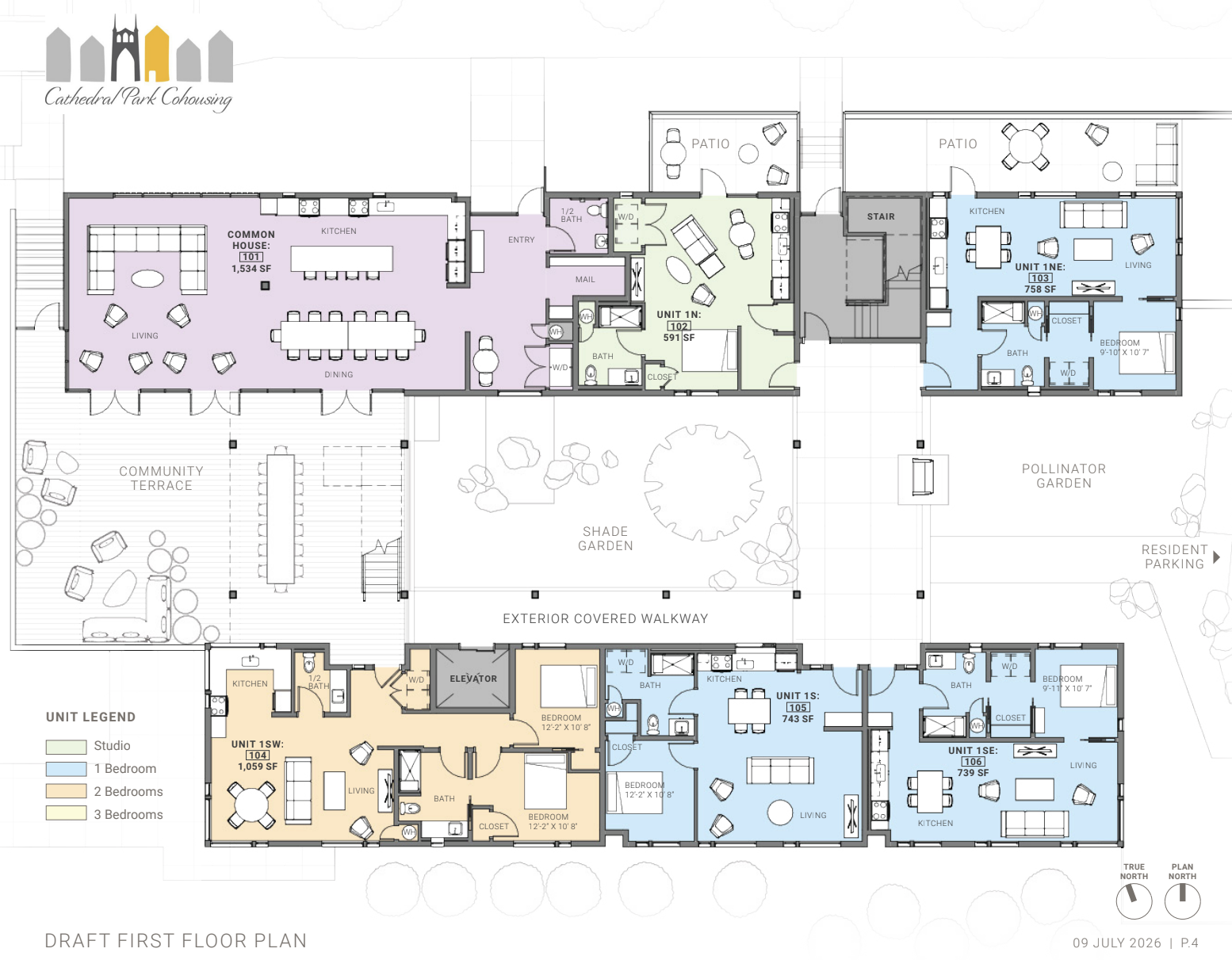 First floor plan showing the common house, community terrace, shade garden, and five homes connected by an exterior covered walkway